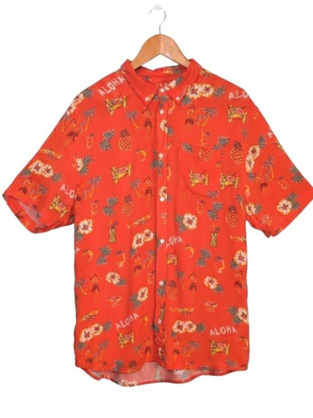 Amnesia Mens Orange Hawaiian Aloha Rayon Button Up Shirt Size Large West49